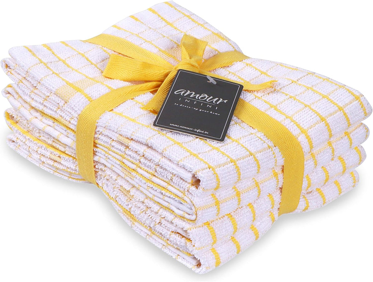 AMOUR INFINI Kitchen Towels Set of 4 - Highly Absorbent, Super Soft Terry Cotton 20x28 Inch Dish Towels with Hanging Loop - Hand & Tea Towels for Cleaning & Drying Dishes (Yellow)