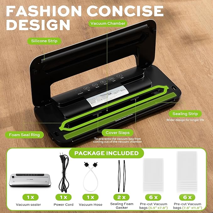 75KPa 6-in-1 Automatic Vacuum Sealer Machine | Digital Food Saver with Pulse Function | Dry & Moist Food Modes | Includes 12 Vacuum Bags, External Sliding Blade & External VAC for Jars/Containers