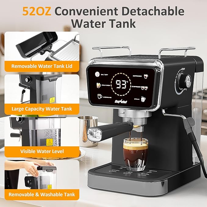 SUNVIVI 20 Bar Espresso Machine for Home and Office, 3-in-1 Iced Coffee Maker with Milk Frother, Espresso Shot & Iced Coffee, LED Touchscreen, 52OZ Removable Water Tank, Professional Coffee Brewing