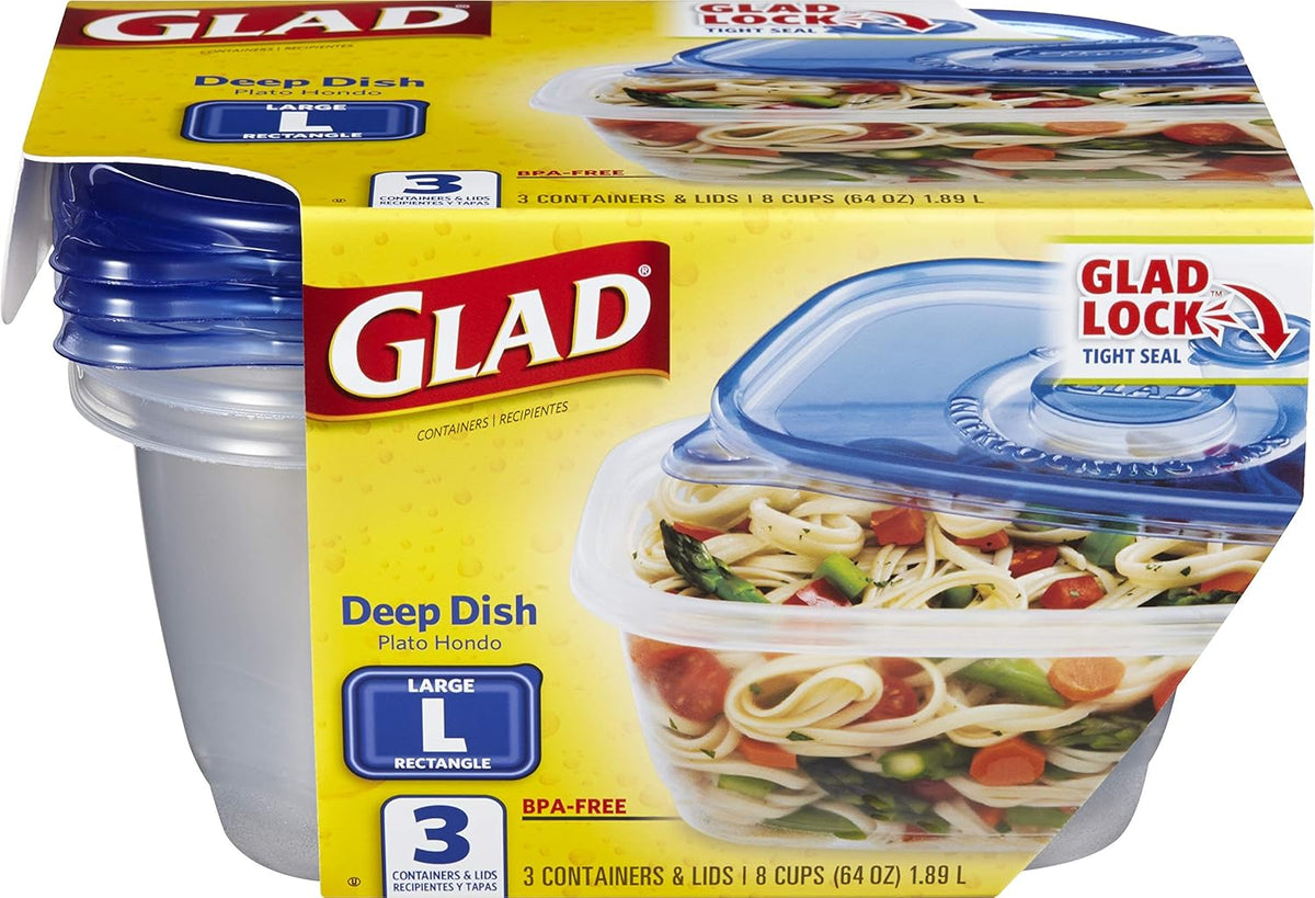 Glad GladWare Deep Dish Food Storage Containers, Large Rectangle - Meal Container Holds up to 64 Ounces of Food - Lock Tight Seal, 3 Count - 6 Pack