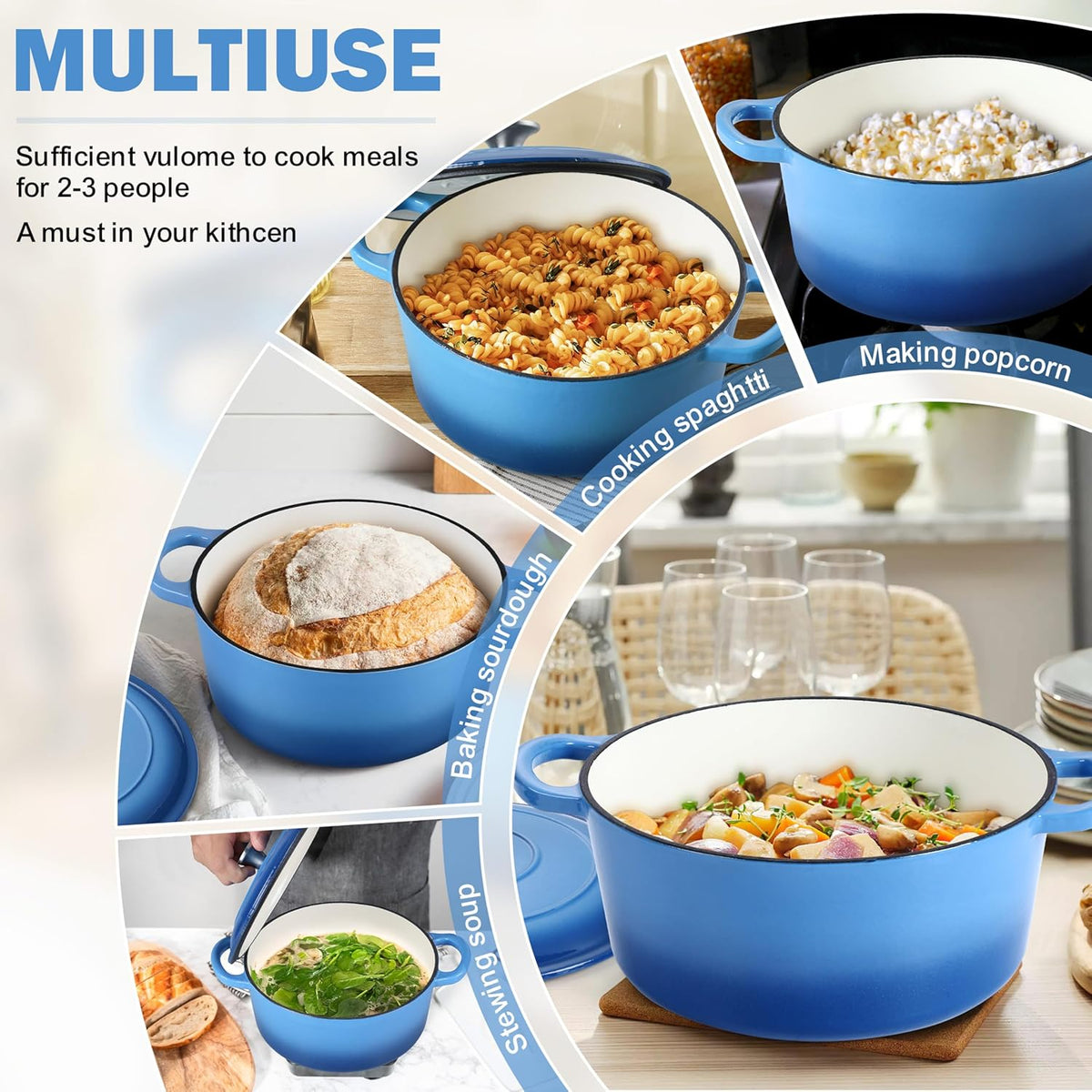 Small 3 Quart Dutch Oven, HaSteeL Round Cast Iron Cooking Pot with Lid, Nonstick Enameled Cookware for Sourdough Bread Baking Roasting Stewing Braising Frying, Heavy Duty & Oven Safe 500℉, Blue