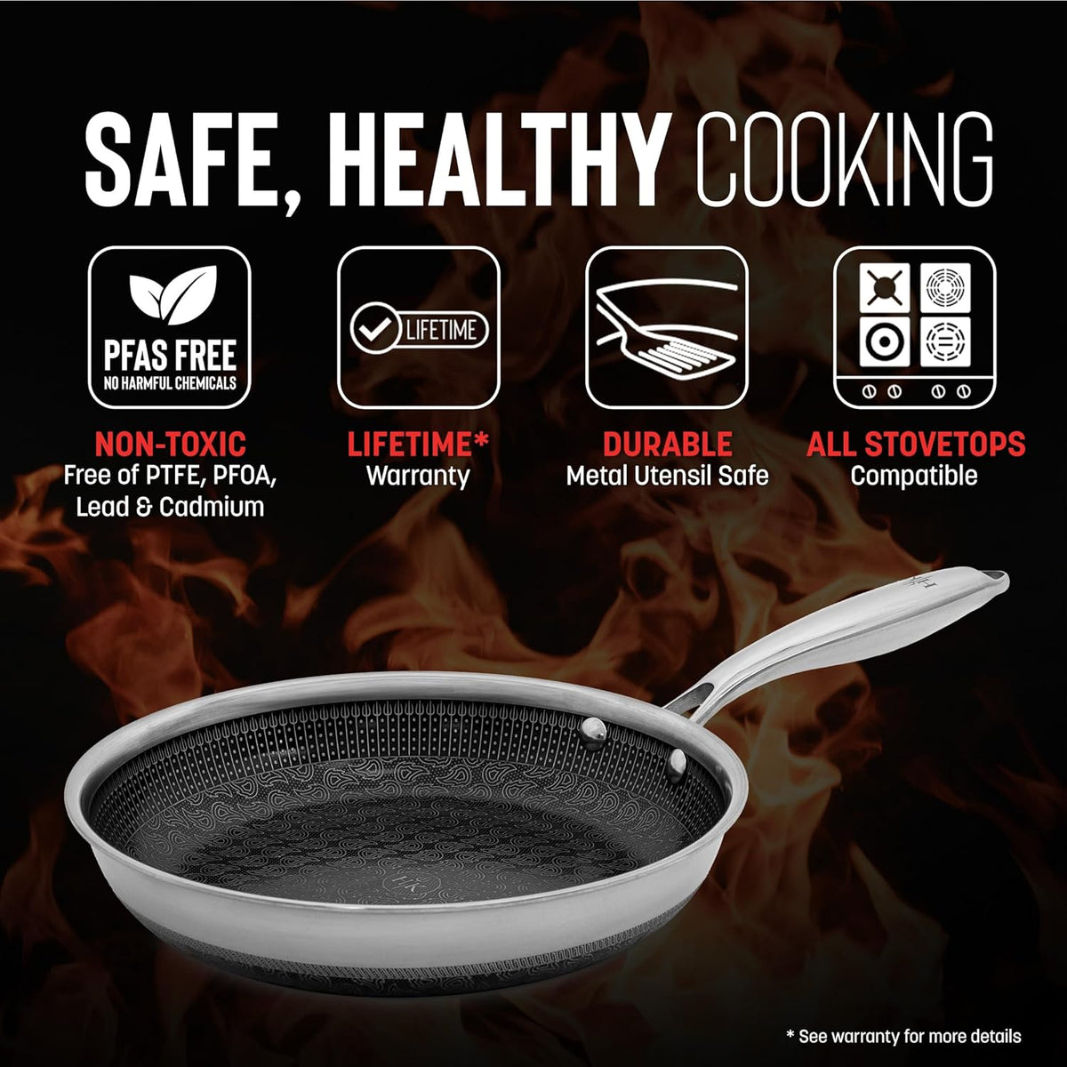 Hell's Kitchen Hybrid 9.5" Frying Pan, Tri-Clad Stainless Steel and Nonstick Ceramic PFAS Free, no PFOA, no PTFE, no Teflon, Non Toxic Cookware, Metal Utensil Safe, All Cooktops, Oven Safe