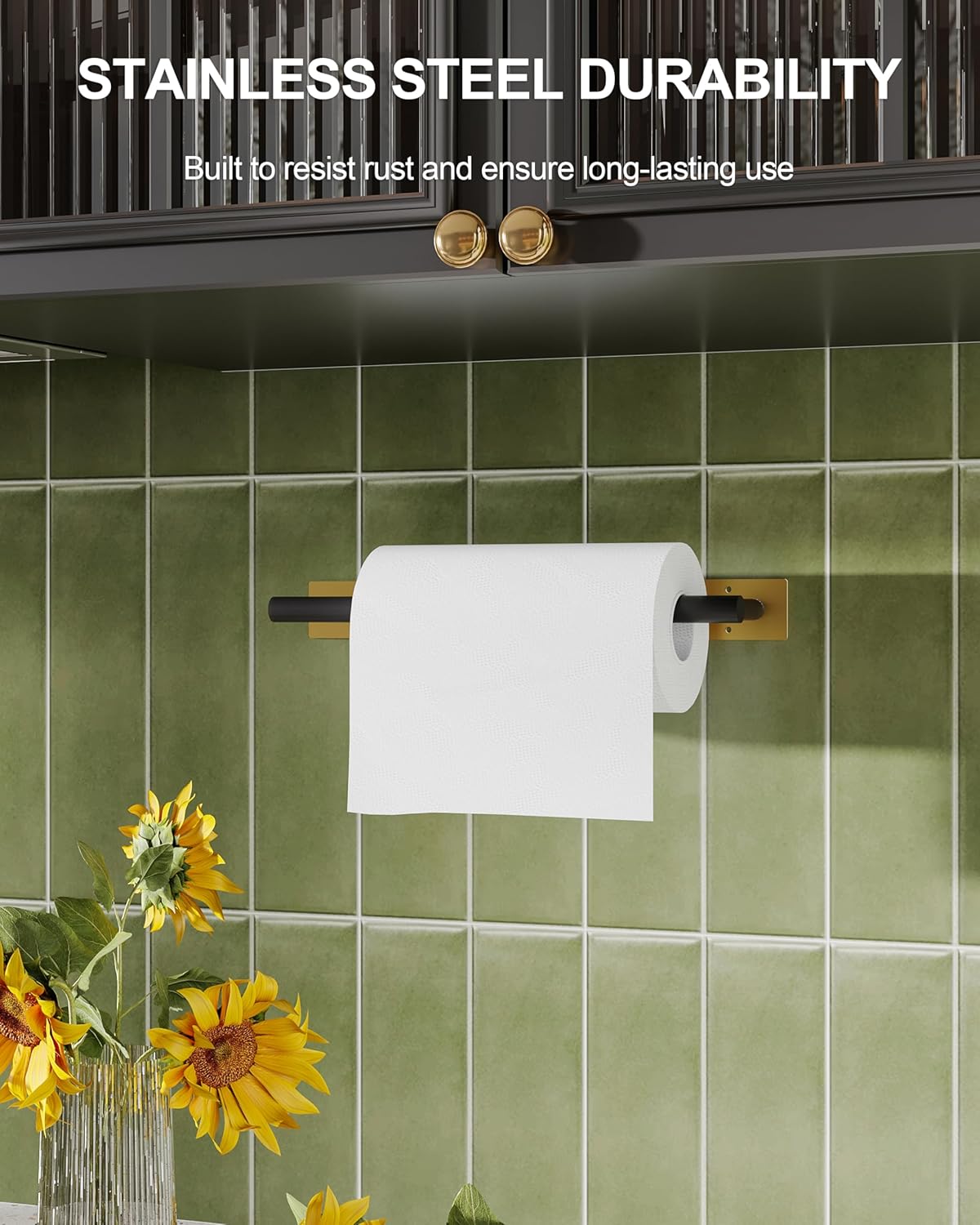 Paper Towel Holder Under Cabinet, Self Adhesive or Wall Mounted SUS304 Stainless Steel Paper Towel Holder Black and Gold for Kitchen, Bathroom, Farmhouse, Barbecue and Laundry (Black&Gold)