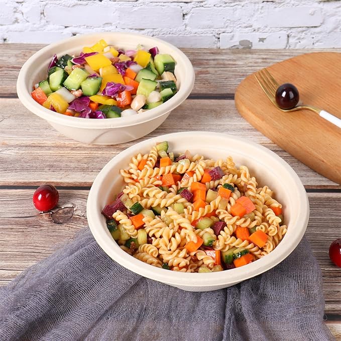 25 oz Disposable salad bowls with lids, Sugarcane Fiber Paper Bowls take away food containers meal prep deli container Freezer Safe 50 Pack