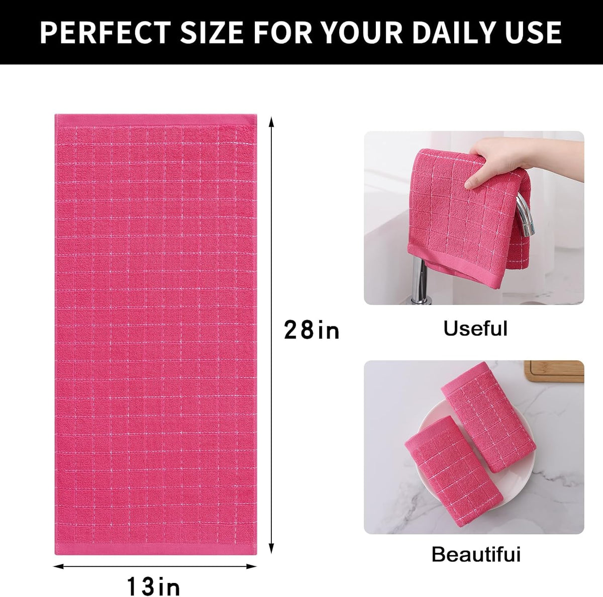 Homaxy 100% Cotton Terry Kitchen Towels(Rose Red, 13 x 28 inches), Checkered Designed, Soft and Super Absorbent Dish Towels, 8 Pack