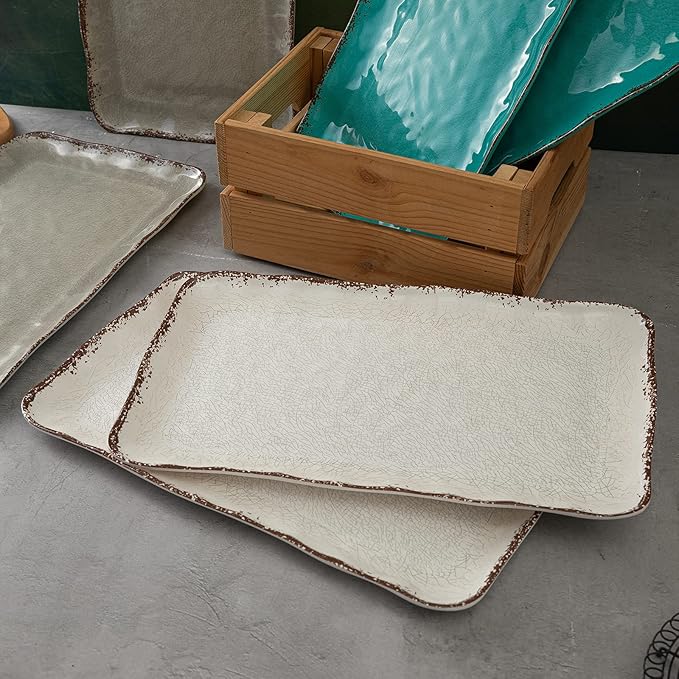 LEHAHA Farmhouse Large Serving Platters, 2 Piece Melamine Dinnerware Set, 17.5 x 10 Inches Vintage Serving Tray, Rectangle White Rustic Trays Set of 2