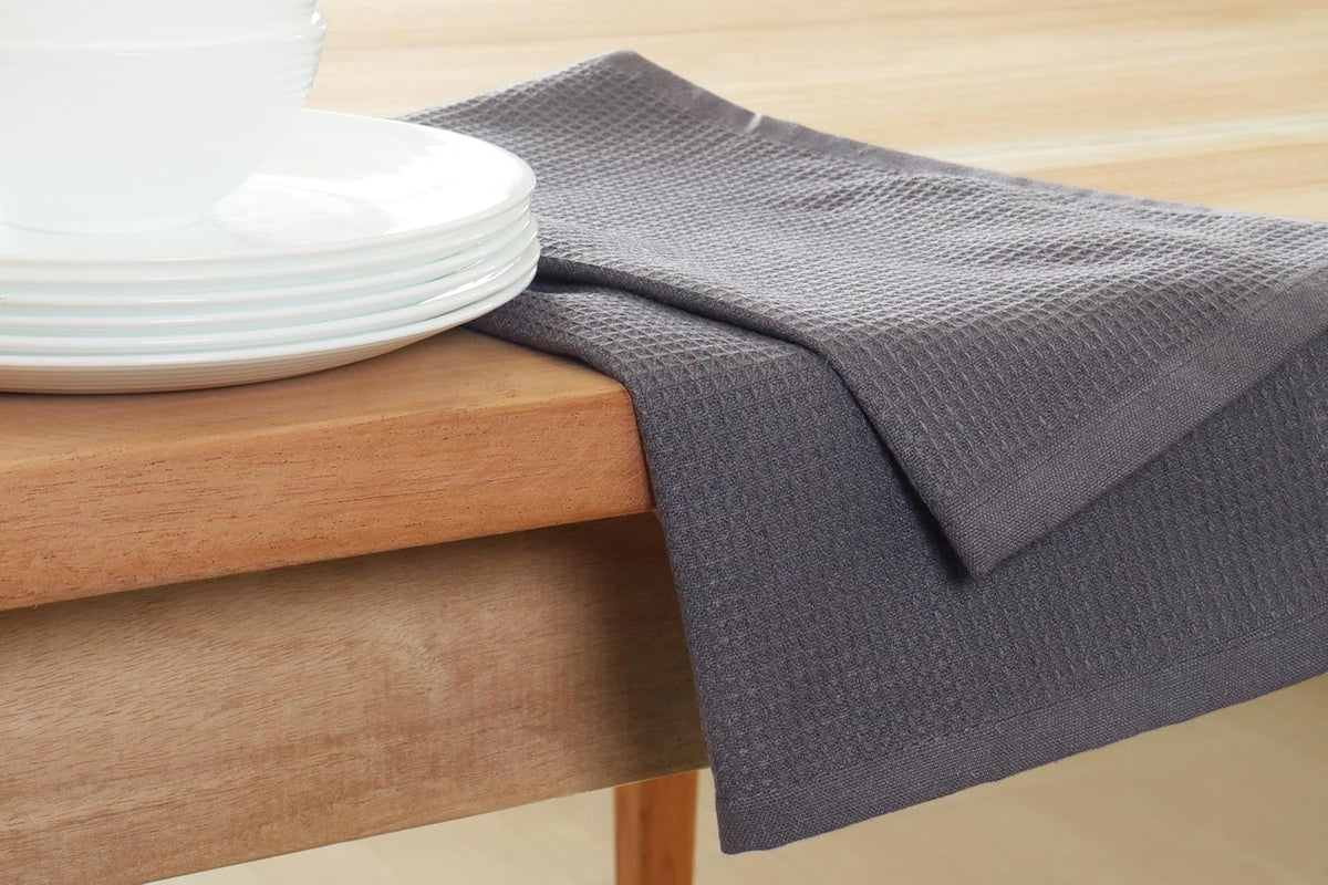 PurpleEssences Waffle Weave Kitchen Towel, 100% Cotton - 15 x 25 Inches, with Hanging Loop Ultra Soft Absorbent Quick Drying Dish Cloth, Tea and Hand Towels, 4 Pack - Spring Summer - Dark Grey