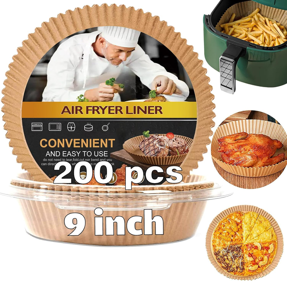 Ninja Power XL Gourmia Air Fryer Disposable Paper Liners - 200pcs, 9 Inch Round Parchment Liners for 4/5/6 qt Air Fryers, Baking Paper for Oven & Microwave