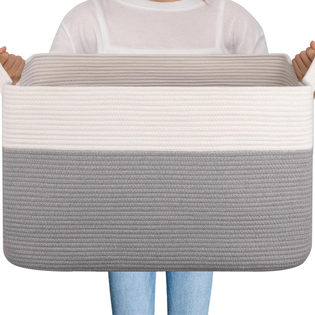 OIAHOMY 95L Blanket Basket, 24”x17”x14”, Large Woven Baskets for Storage, Nursery Cotton Rope Basket with Handle, Living Room, Nursery, Bedroom,Toy Baskets Organizer Bins, Grey & White