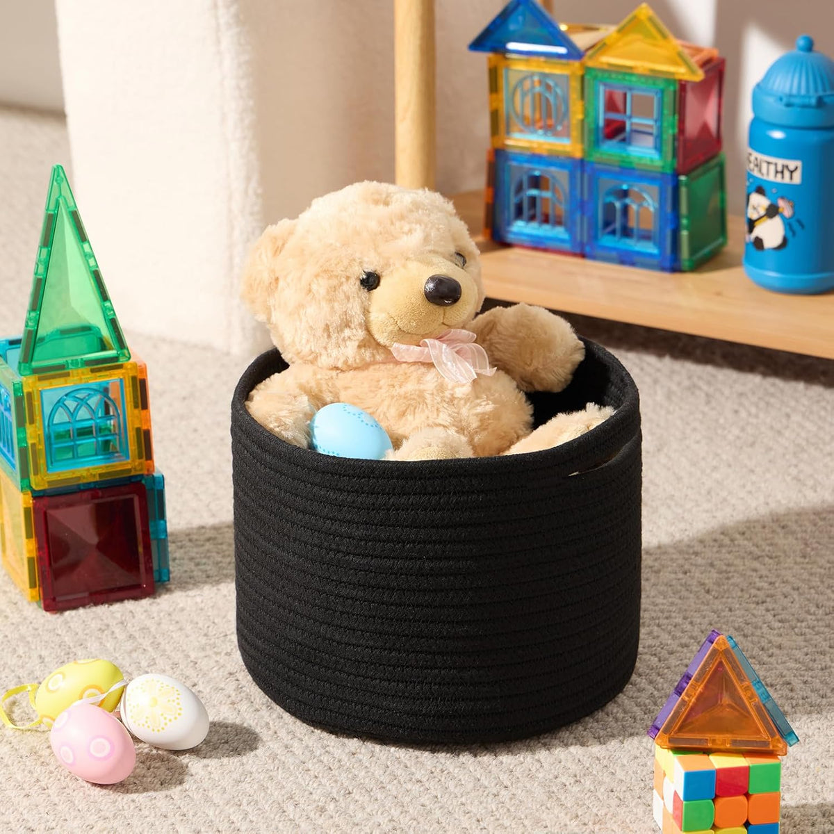 Small Basket for Organizing | Cube Shelf Closet Storage Baskets | 9.7×9.7×7.1” | Woven Rope Gift Basket | Nursery | Round 3 Packs Black
