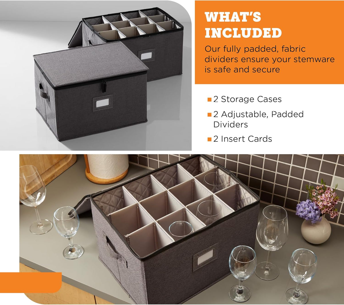 storageLAB Wine Glass Storage Containers, Hard Shell Organizer for Stemware and Glassware Sets, Stackable Wine Glass Storage Box with Dividers for Kitchen and Moving Supplies - 2 Pack Set, Gray