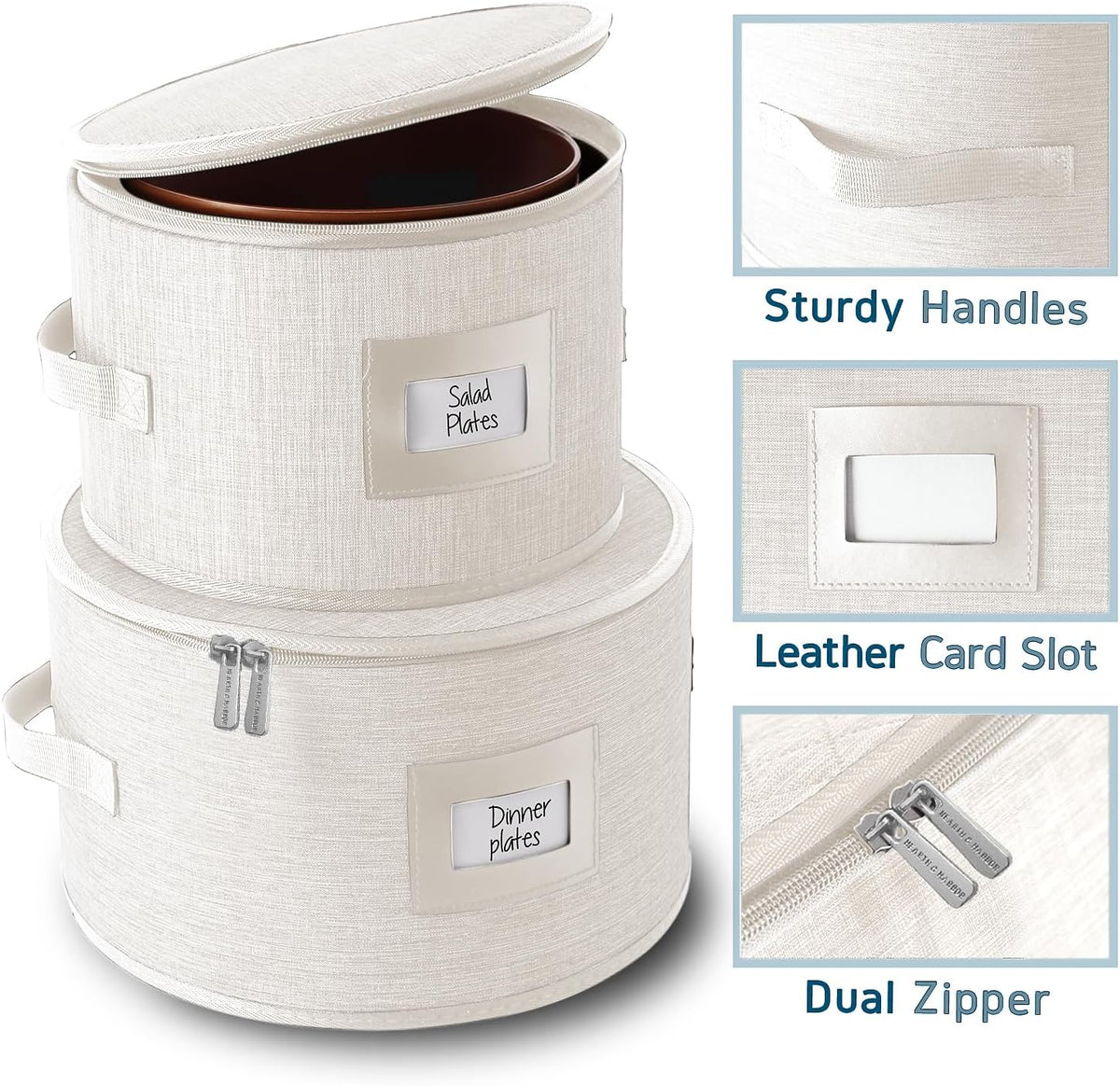 Fine China Storage Containers, 5 Piece Quilted Dish Storage Containers, Mug, Cup, and Plate Dish Organizer with Felt Dividers, Service of 12 Dinnerware Boxes for Moving, Seasonal Organization, Cream