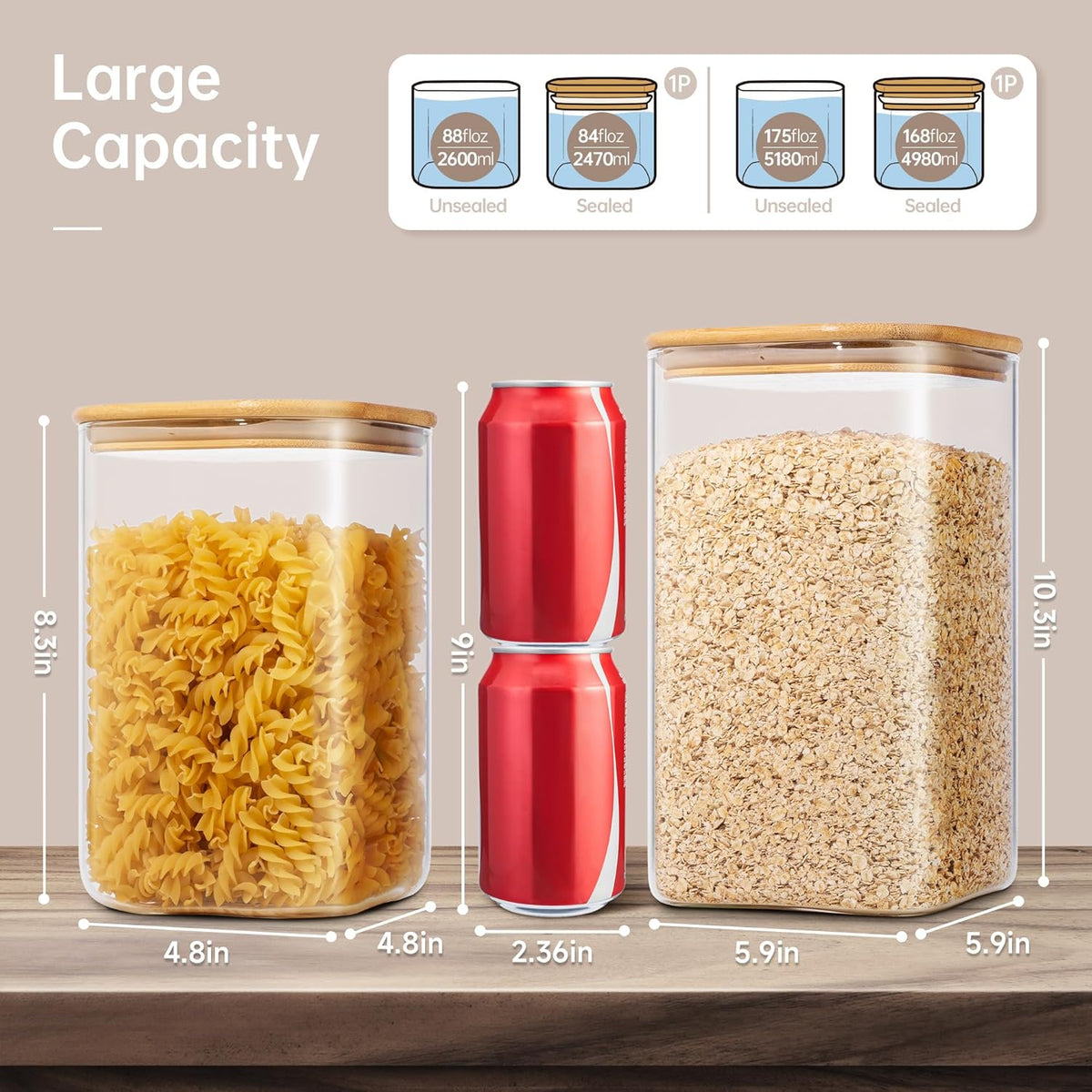 Extra Large Square Glass Flour & Sugar Storage Containers with Airtight Lids, 168oz & 84oz - 2 Pack Glass Jars with Bamboo Lids, Air tight Pantry Food Storage Containers for Cereal, Pasta, Rice