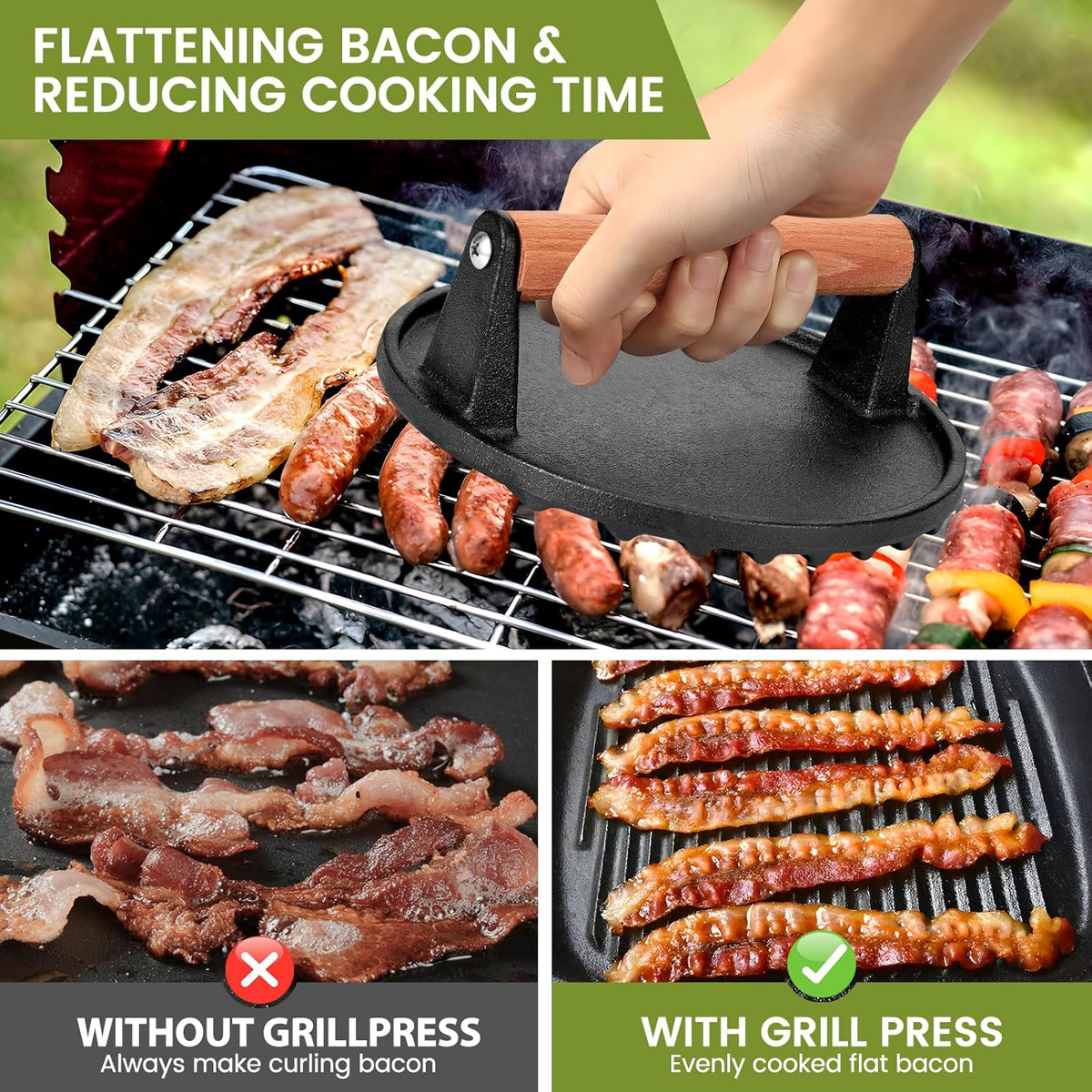 Blackstone Burger Press Set - 7" Round smash burger press & 8.3"x4.3" Rectangle Cast Iron Grill Press with Wooden Handle - Smasher is perfect for Blackstone Griddle, Pitboss Weber Griddle Grills