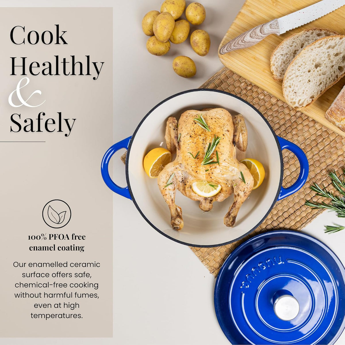 Nuovva Enamelled Cast Iron Dutch Oven Pot with Lid – 6.4 Quart Non Stick Casserole Pot – Heavy Duty & Oven Safe up to 500° F for Bread Baking, Braising, Stews, Roasting – 28cm Dark Blue