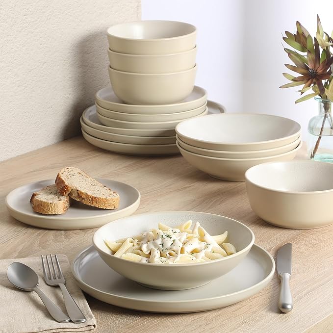 Gibson Elite Tribeca Loft 16-Piece Dinnerware Set – Matte Cream and White Reactive Glaze Stoneware, Double Bowl Round Plates and Bowls – Modern Neutral Tableware for 4, Dishwasher & Microwave Safe