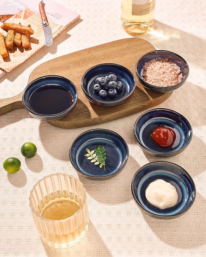 famiware Pluto Soy Sauce Dishes of 6, 3 oz Dipping Sauce Cups/Bowls/Dishes for Kitchen, Ceramic Small Bowls for Side Dish, Appetizers, Snacks, and Sushi, Reactive Glaze, Nebulas Blue