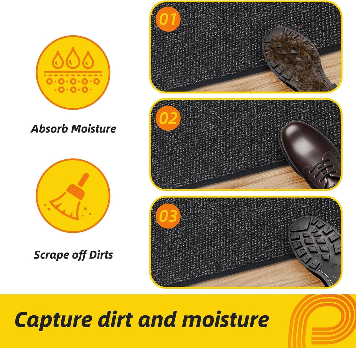 JSEI Dirt Trapper Door Mat 24"x60" Non-Slip Washable Entrance Mat, Dog Doormats, Absorbent & Fade-Resistant Floor Mats, Low Profile Welcome Mats for Entryway, Front Door, and Inside Entrance, Black