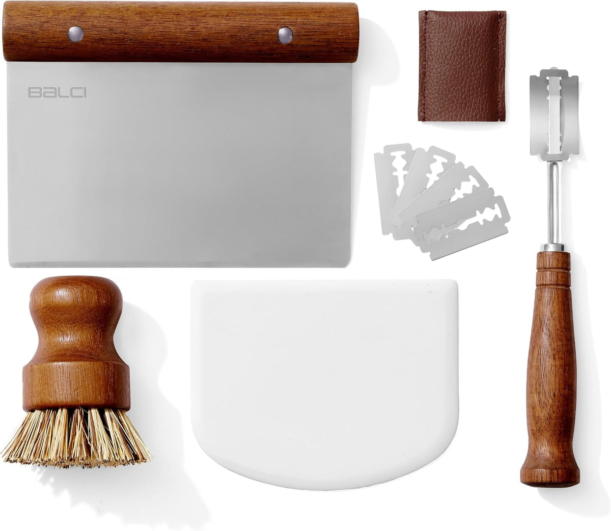 Premium Bread Proofing Set with Acacia Wood - Sourdough Bread Baking Supplies, 2 Rattan Banneton Baskets, 2 Basket Covers, Brush, Metal Scrapper, Plastic Scrapper, Scoring Lame, 5 Blades & Case