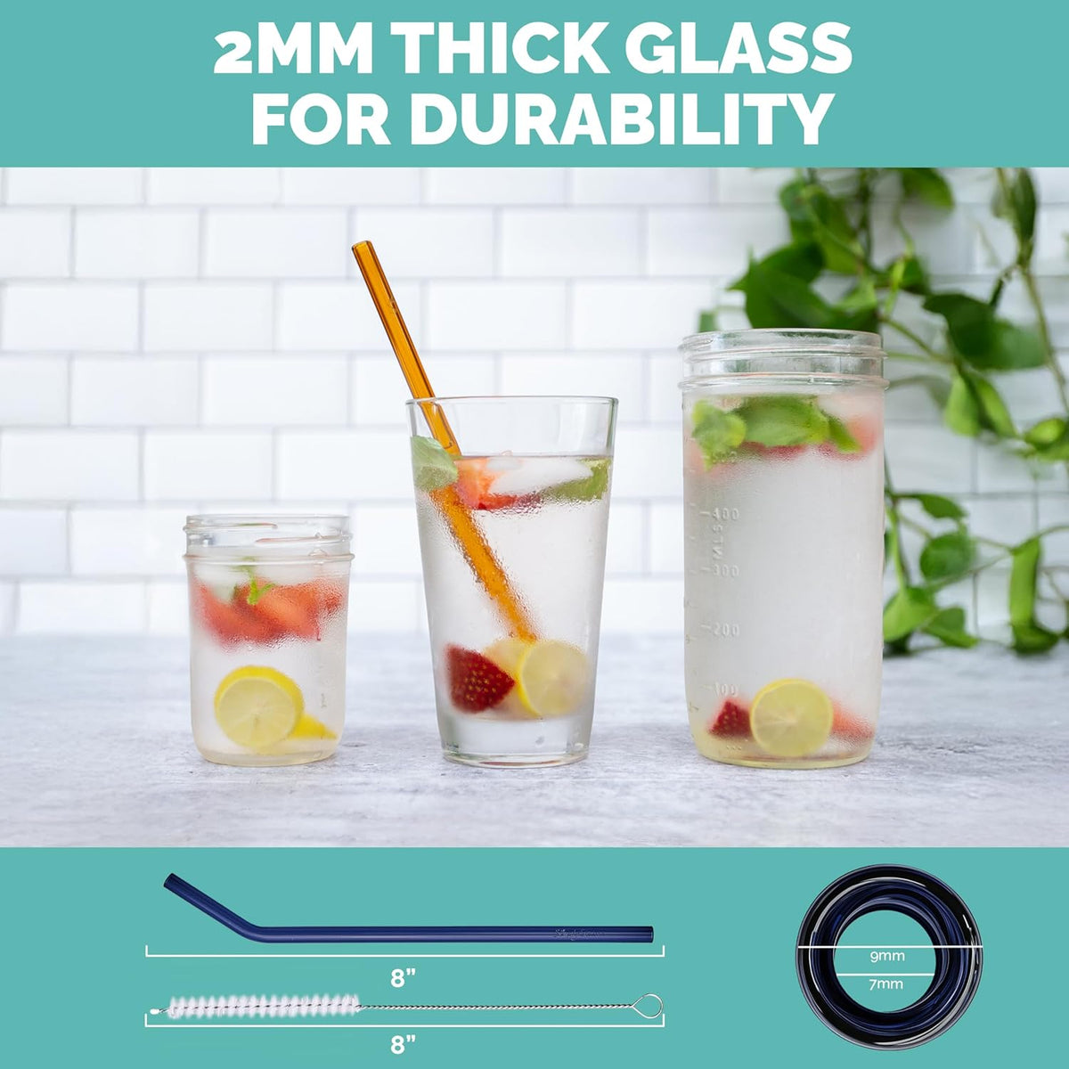Simply Straws 8 Inch Glass Straws Bent (6-Pack) – Reusable Glass Straws for Pints & Juice Drinkware, with Cleaning Brush – Dishwasher Safe, Hot & Cold Use, BPA-Free (Iridium)