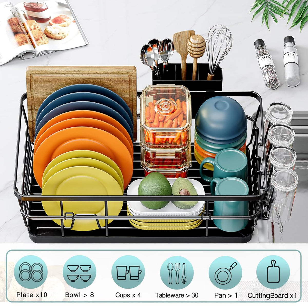 Dish Drying Rack for Kitchen Counter, Large Dish Racks with Drainboard, Kitchen Sink Dish Strainer Rack, Countertop Dish Drainer Rack with Cup & Utensil Holders, Dish Dryer Rack Large Size Black