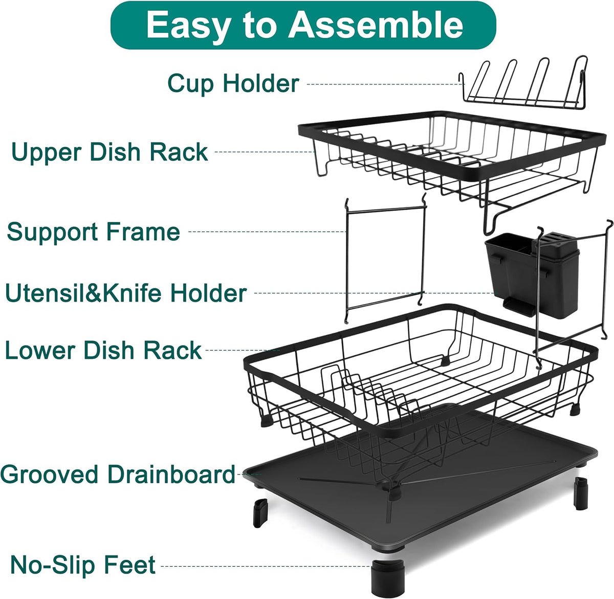 2-Tier Dish Drying Rack for Kitchen Counter,Space-Saving Dish Rack with Drainboard,Rustproof Countertop Dish Drainer with Utensil Holder for Sink,Black