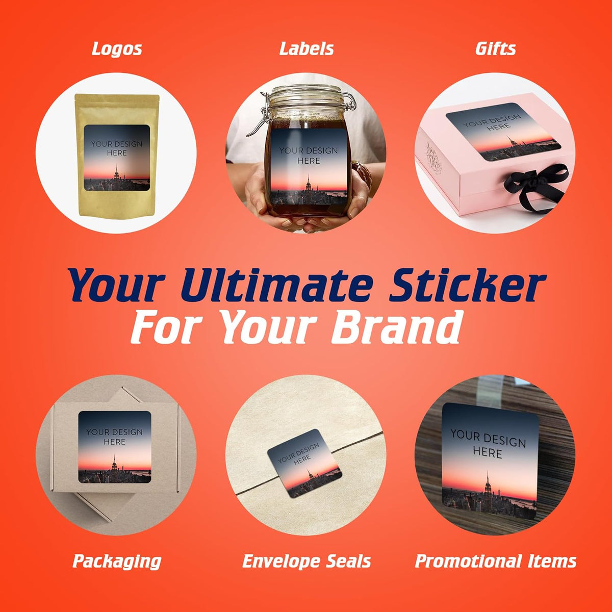100 Custom Vinyl Stickers - Upload Your own Image, Text, Design, Logo - Personalized Logo Labels for Handmade, Packaging, Bottle, Jars, Candle, Brand Stickers (City, 6x6 Square)