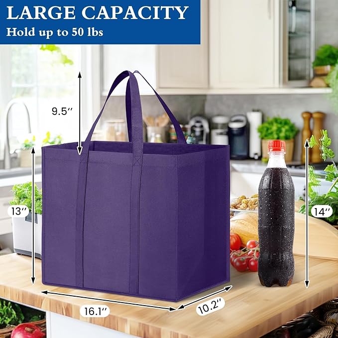 WISELIFE Reusable Grocery Shopping Bags 10 Pack Large Foldable Tote Bags Bulk, Eco Produce Bags with Long Handle for Shopping Groceries Clothes (Purple)
