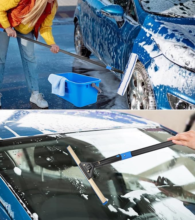 Window Cleaning Kit with Storage Bucket, Window Squeegee with 4.13ft Extension Pole, Scrubber, Spray Bottle,Duster Cloth, Squeegee with Rotating Head, Professional Window Cleaning Tools