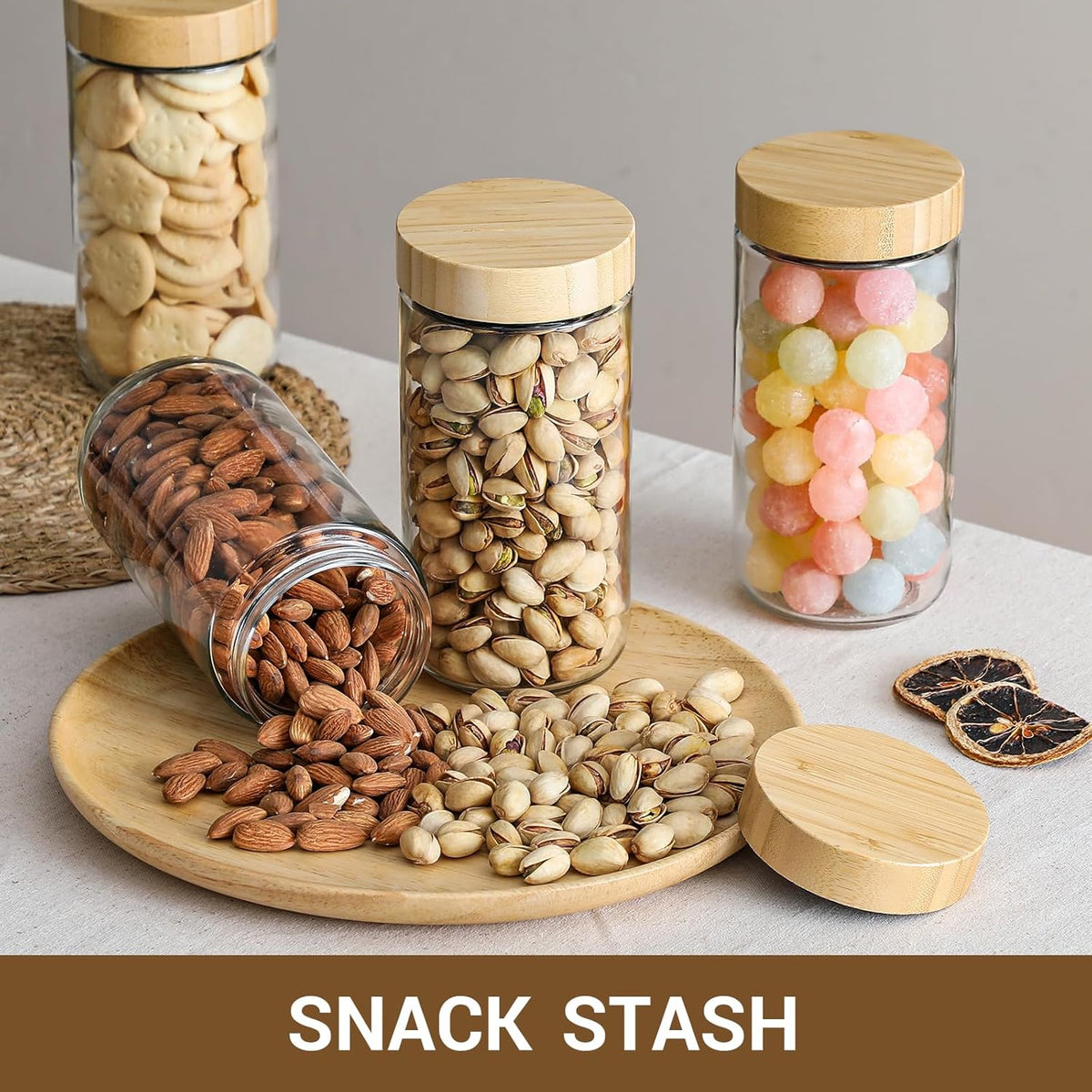 NETANY 4-pack 24oz Glass jars with Airtight Lids, Overnight Oats Containers with Bamboo Lids, Wide mouth Mason Salad jars, Glass Food Storage Containers for Snacks Yogurt Spice Sugar