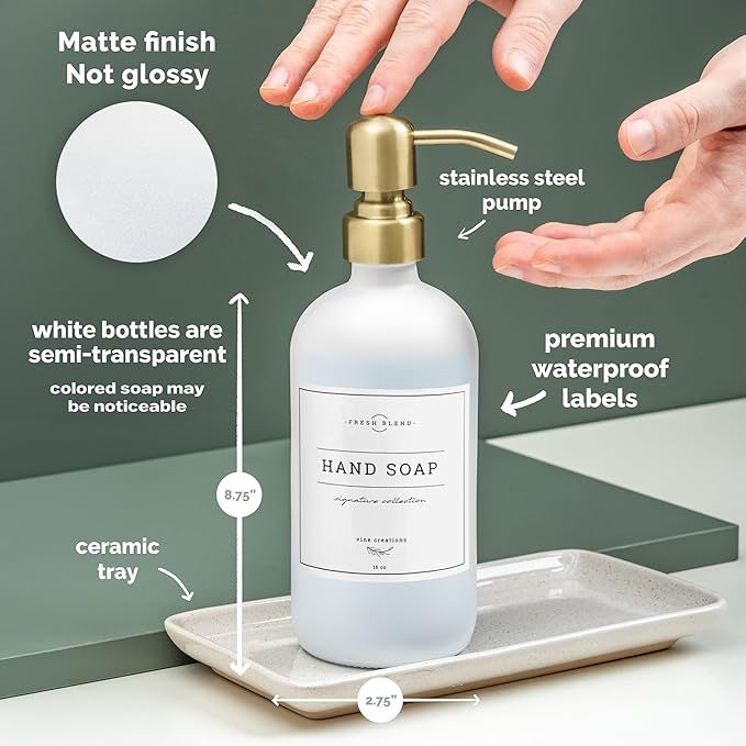Vine Creations Glass Soap Dispenser, 2 Pack Kitchen Soap Dispenser Set with Ceramic Tray, Stainless Steel Pump, Dish Soap and Hand Soap Dispensers for Bathroom or Kitchen Decor with Waterproof Labels