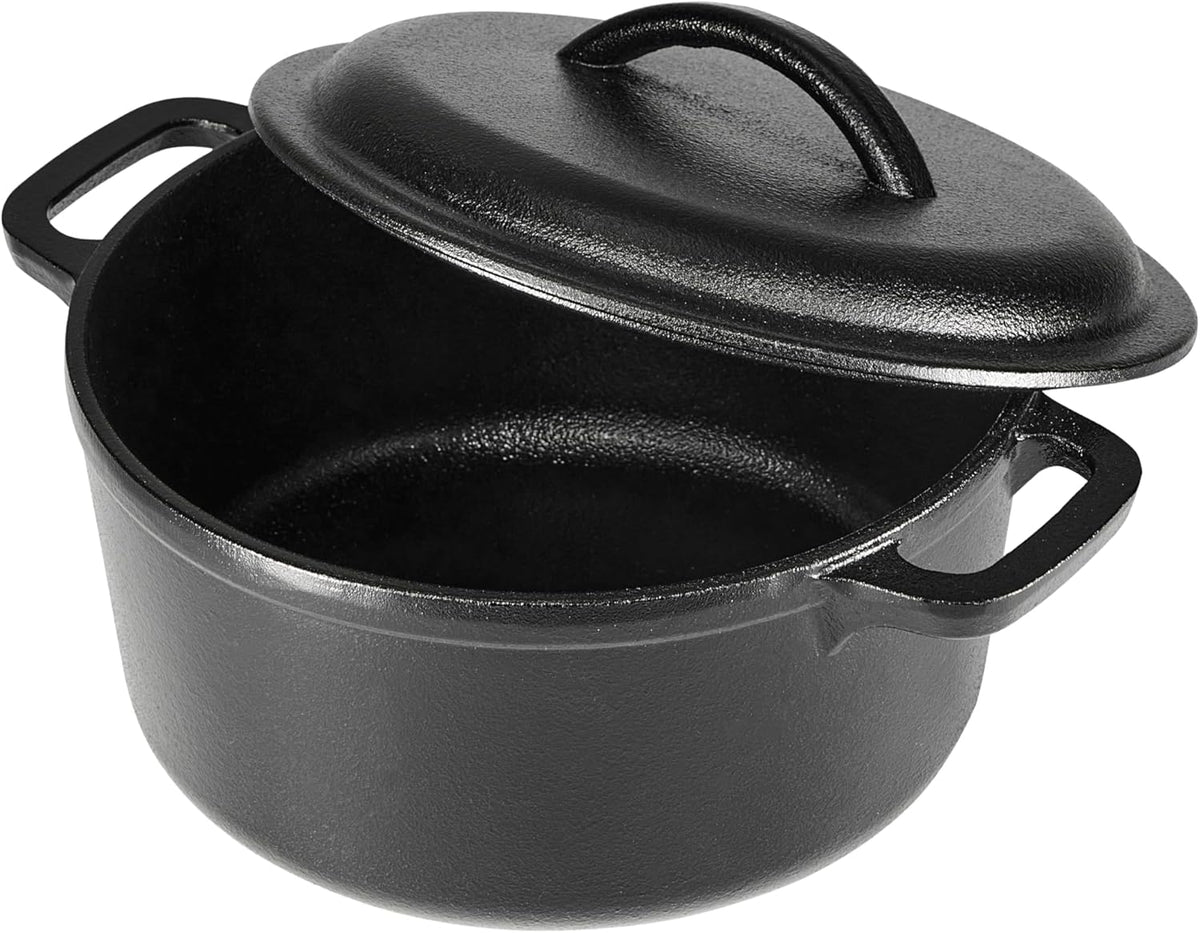 Amazon Basics Round Pre-Seasoned Cast Iron Mini Dutch Oven Pot with Lid and Dual Handles, 2-Quart, Black