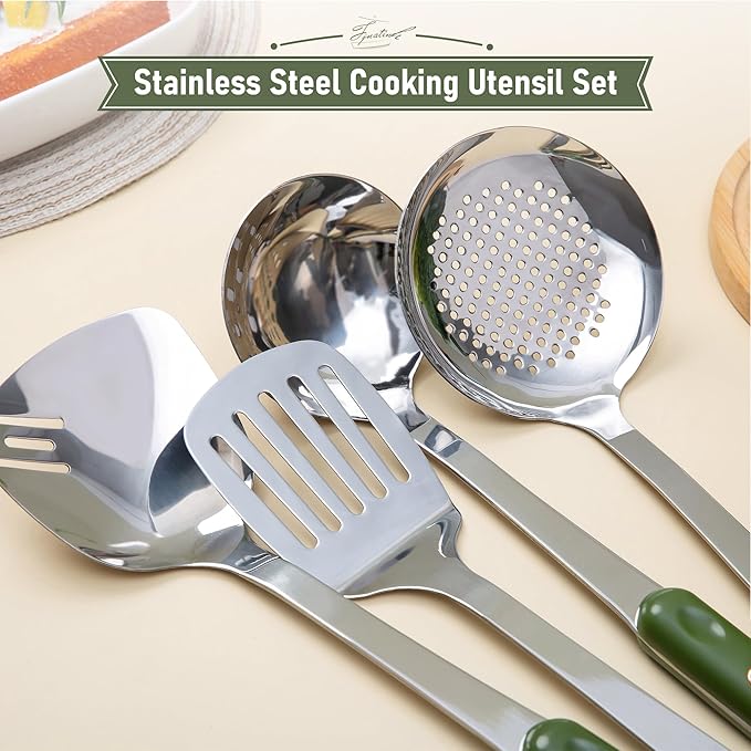 FJNATINH Wok Spatula and Ladle Skimmer Spoon - Stainless Steel Cooking Utensils Set of 3,Kitchen Wok Utensils Set,Green Handle