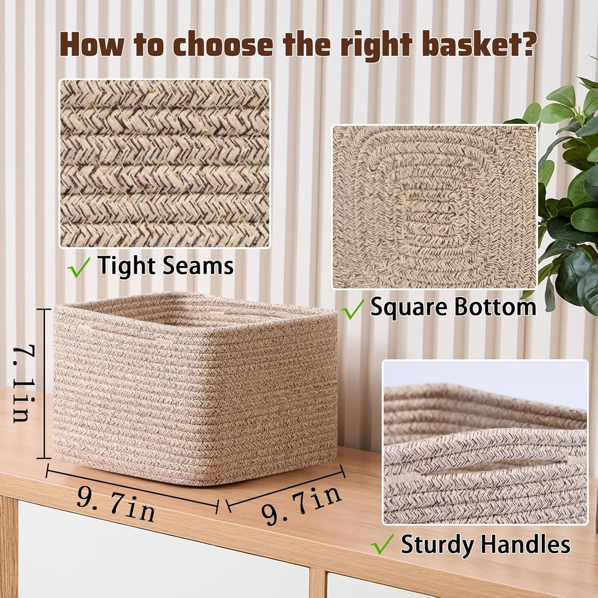 Small Organizing Baskets for Cubes Shelf, 9.7x9.7x7.1 Inch Rope Woven Storage Bins for Nursery Shelves Storage, Cute Toy Basket, Square 3 Packs Mixed Brown