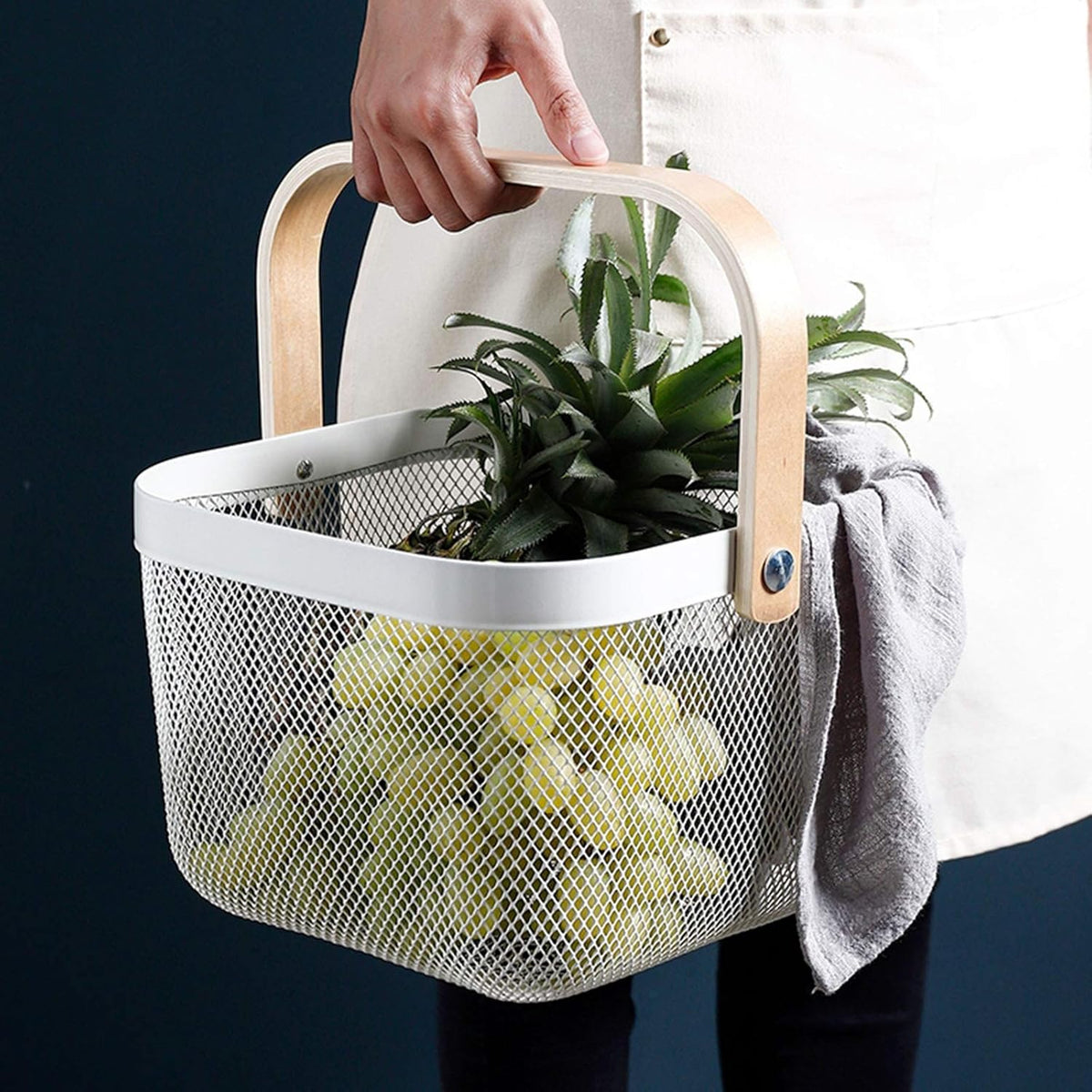 Metal Mesh Steel Basket, Storage Organizer Basket Multi-functional Hanging Kitchen Baskets Fruit Basket Bin with Bamboo Handle for Kitchen Bathroom Picnic Shopping Decor Cabinet Home, White
