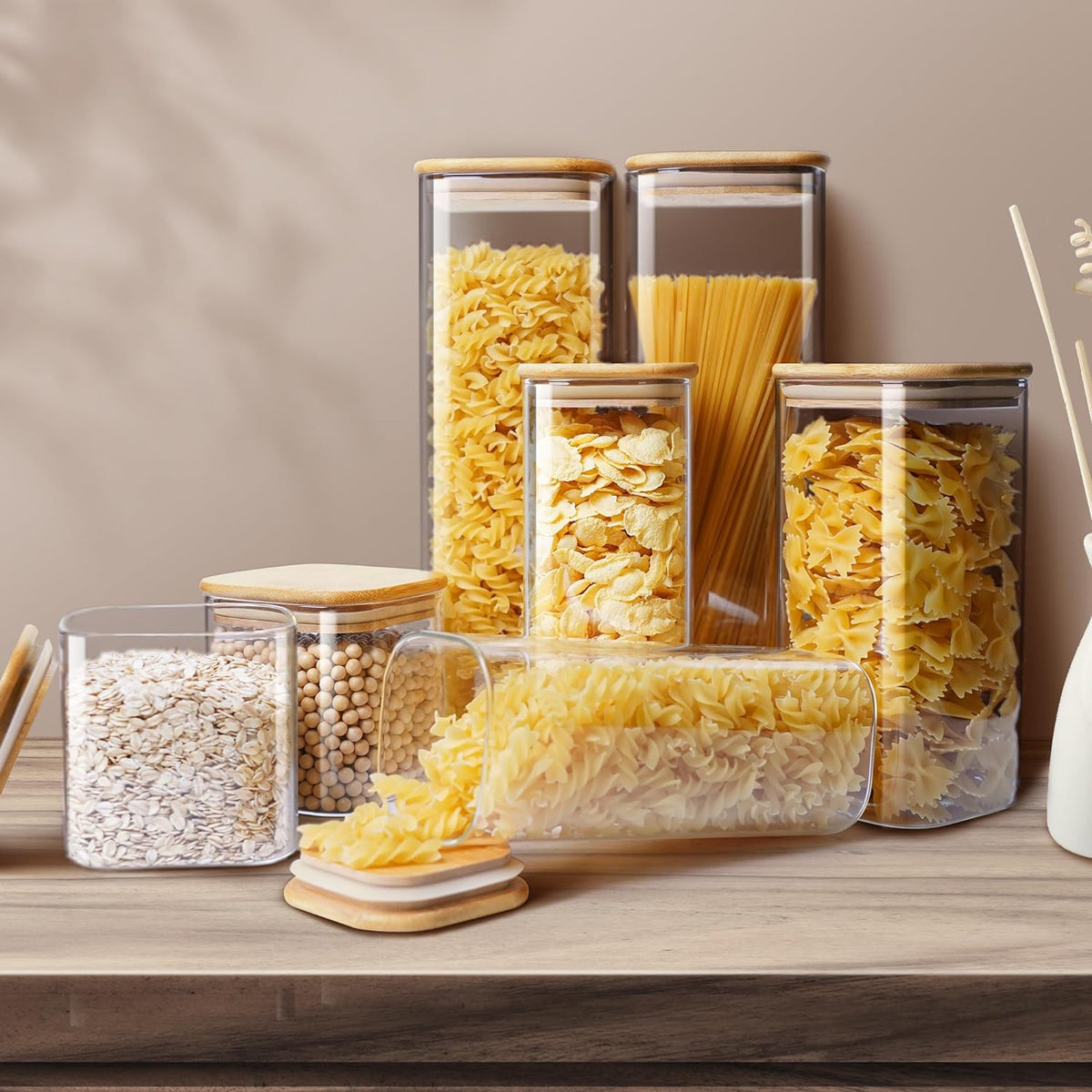 Square Glass Jars with Bamboo Lids 27 FL OZ [Set of 6], Glass Canisters with Airtight Lids, Glass Food Storage Containers for Coffee, Sugar, Tea, Candies, Cookies,Best for Kitchen & Pantry