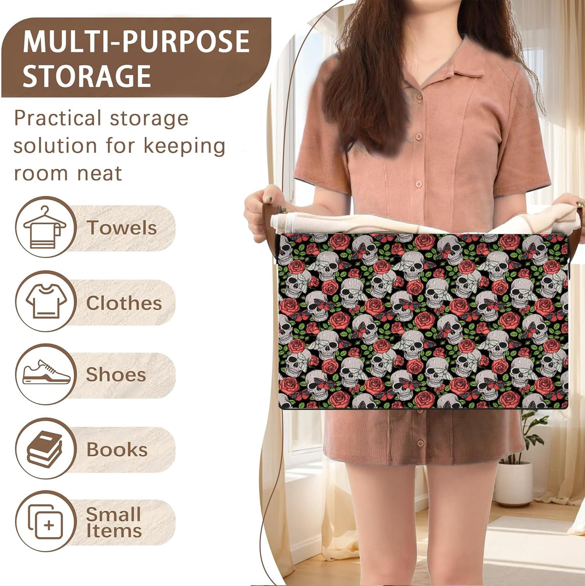 Skull Flower Pattern Collapsible Storage Bin-17x11.5x10.5 Inch Foldable Organizer for Halloween Decor, Gothic Room, Under Bed Storage-Single Pack