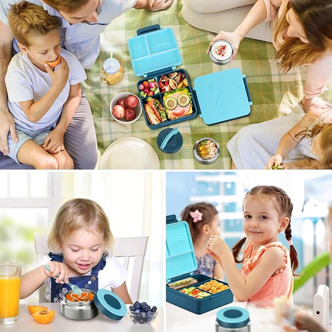 Bento Lunch Box Set for Kids with 8oz Soup Thermo, Leak-Proof Lunch Containers with 4 Compartment, Kids Thermo Hot Food Jar and Insulated Lunch Bag for Kid to School-Blue