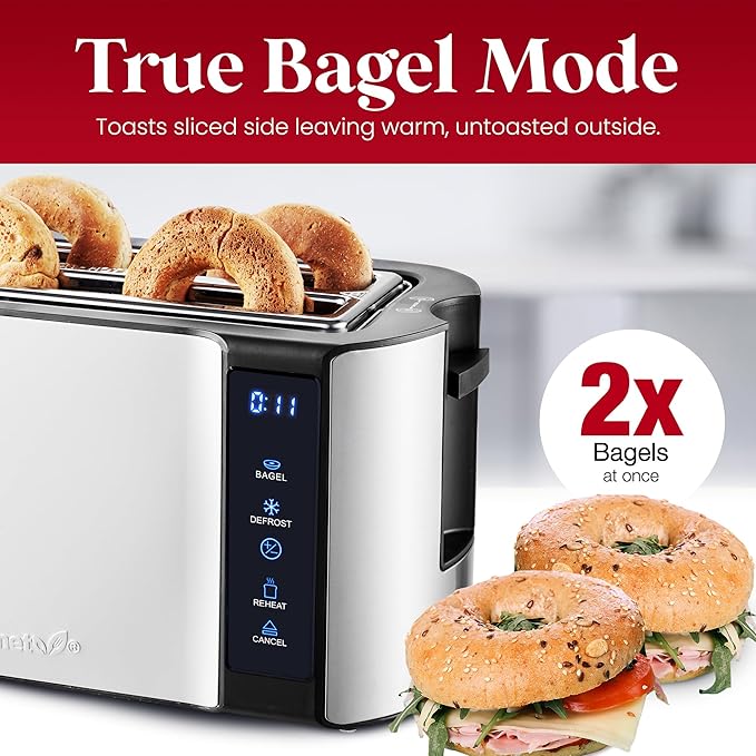 Elite Gourmet ECT5322 Long Slot 4 Slice Toaster, Countdown Timer, Bagel Function 6 Toast Setting, Defrost, Cancel Function, Built-in Warming Rack, Extra Wide Slots for Bagels Waffles, Stainless Steel