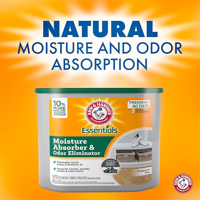 Arm & Hammer Essentials Disposable Moisture Absorber and Odor Eliminator Tub, Fragrance Free, 1 lb., Attracts and Traps Excess Moisture, Ideal Closet Dehumidifier (Pack of 3)