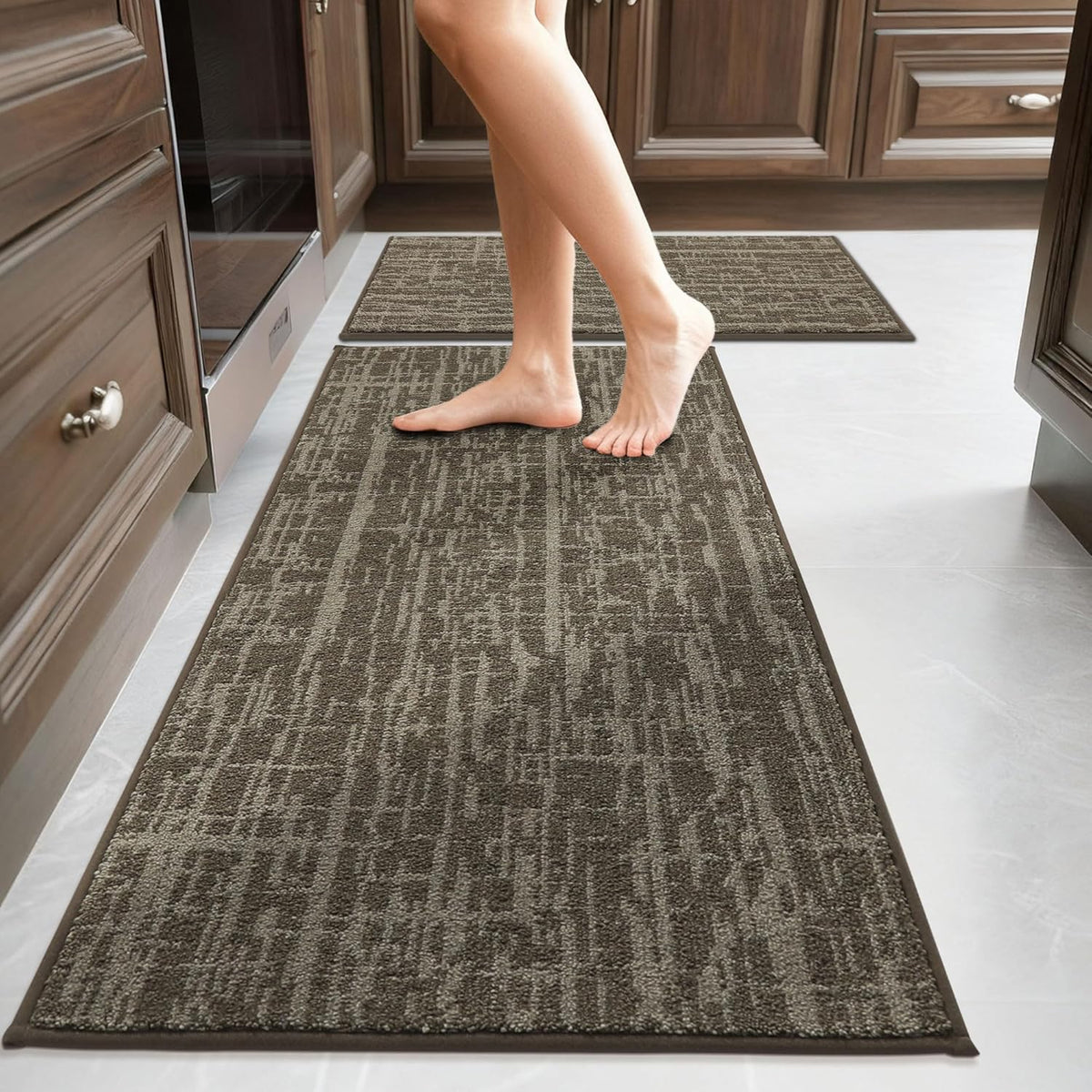 COSY HOMEER Kitchen Rugs 20"x32"+20"x48" Absorbent Soft Kitchen Mats for Floor Non Slip Kitchen Runner Rug Polyester Washable Kitchen Floor Mats for Sink Mat,Hallway,Laundry,Light Brown