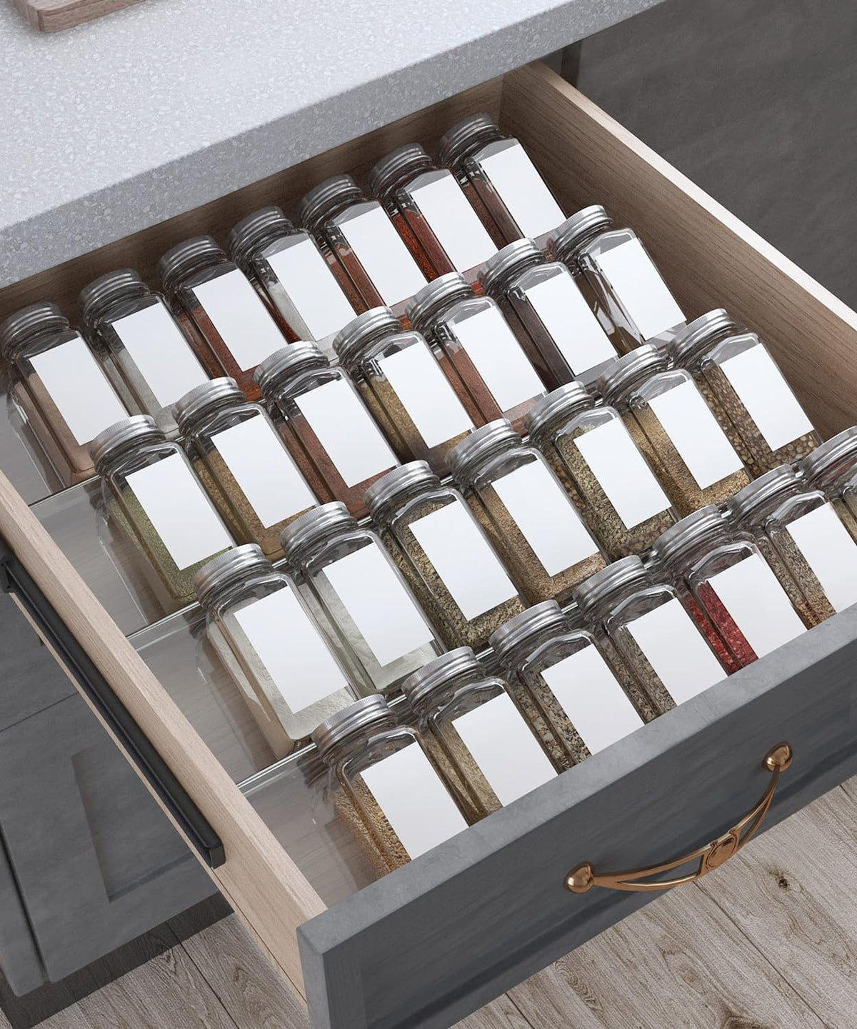 Antimbee Spice Drawer Organizer, 4 Tier- 4 Pack Acrylic Spice Rack Tray for Drawer, Expandable From 13" to 26" Kitchen Spice Rack Tray for Countertop Holds up 28 Spice Jars (Jars not Include)