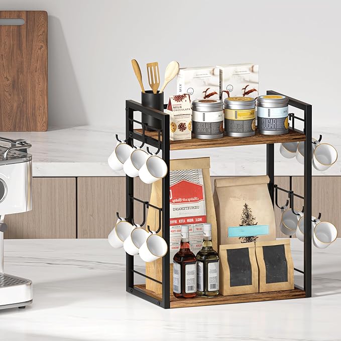 Dorhors 2 Tier Coffee Bar Accessories and Organizer,Multi-functional Mug Holder with 12 Hooks,Wood Coffee Station Organizer,Kitchen Countertop Shelf (Rustic Brown)