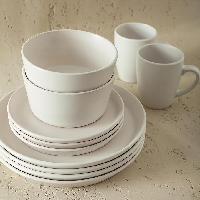 Stone Lain Albie Stoneware 16 Piece Dinnerware Set, Plates and Bowls Sets, Dish Set for 4, White Speckled, Microwave & Dishwasher Safe