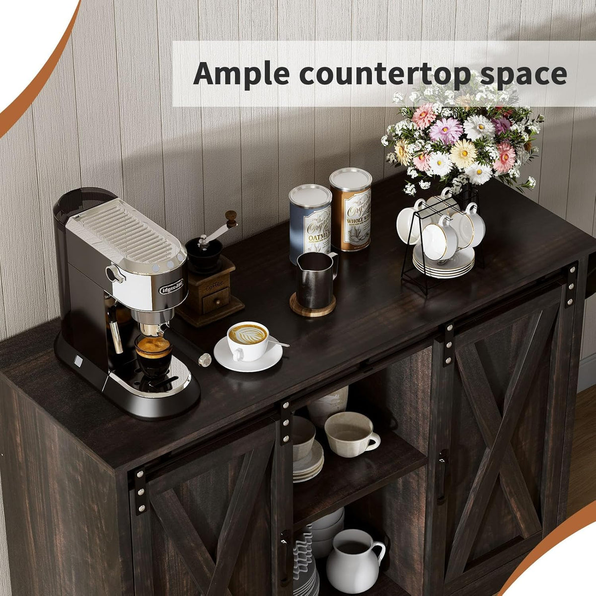 4 EVER WINNER Coffee Bar Cabinet with Sliding Barn Doors, 42” Sideboard Buffet Cabinet with Storage, Farmhouse Coffee Bar Station Table Liquor Wine Bar with Shelves for Kitchen, Espresso