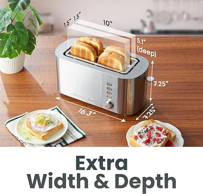 Elite Gourmet ECT4123 Long Slot 4 Slice Toaster, Extra Wide 1.5" and 5.1" Deep Slots, Bagel, Defrost & Cancel Functions, 6 Toast Shade Settings, Fits Bagels, Waffles, Artisan Breads, Stainless Steel
