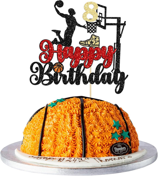 1Pc 8th Birthday Basketball Cake Topper Glitter Basketball Sports Theme Cake Pick for Baby Shower 8th Birthday Cake Decorations Party Supplies Black