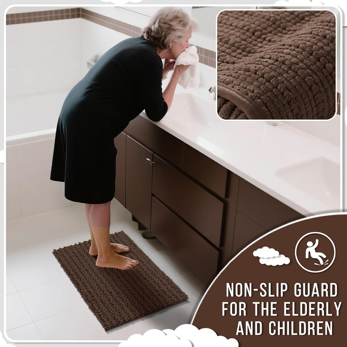 Yimobra Bathroom Rugs Non Slip Washable 24x17 Inch - Ultra Soft Absorbent Chenille Bath Mat, Quick Dry Shaggy Floor Carpet for Tub Shower, Brown Home Decor Accessories