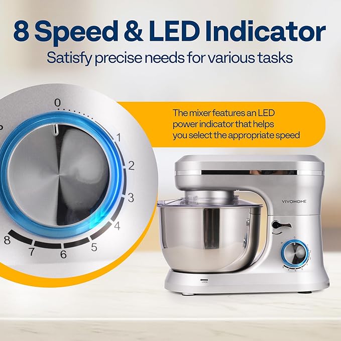 VIVOHOME 4.75 Quart Stand Mixer, 8 Speed Kitchen Electric Food Mixer, Household Stand Mixer for Baking, Cake, Bread with Beater, Dough Hook, Wire Whip and Egg Separator, Silver