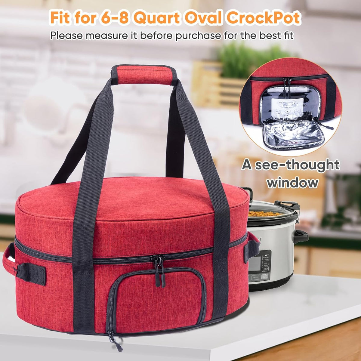 Insulated Slow Cooker Carrying Bag for 6-8 Quart CrockPot and Hamilton Beach Slow Cooker with See-thought Window, Portable Carrier Case with Adjustable Band and Accessory Pocket